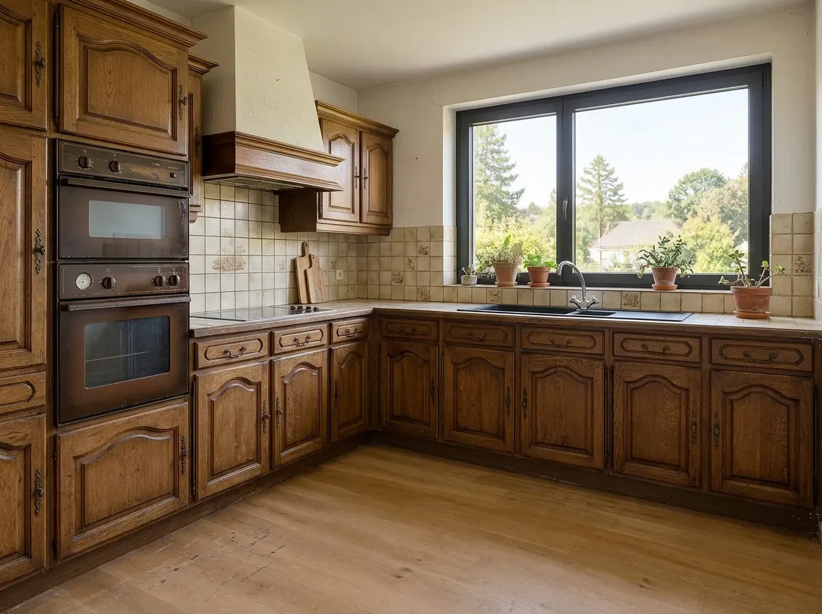 Cuisine rustique en chêne foncé, faïence beige et hotte habillée, avant travaux