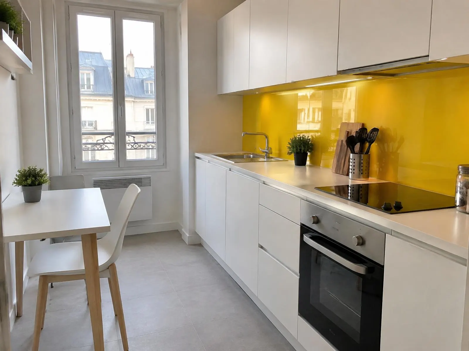 La même petite cuisine, blanche, crédence jaune vif