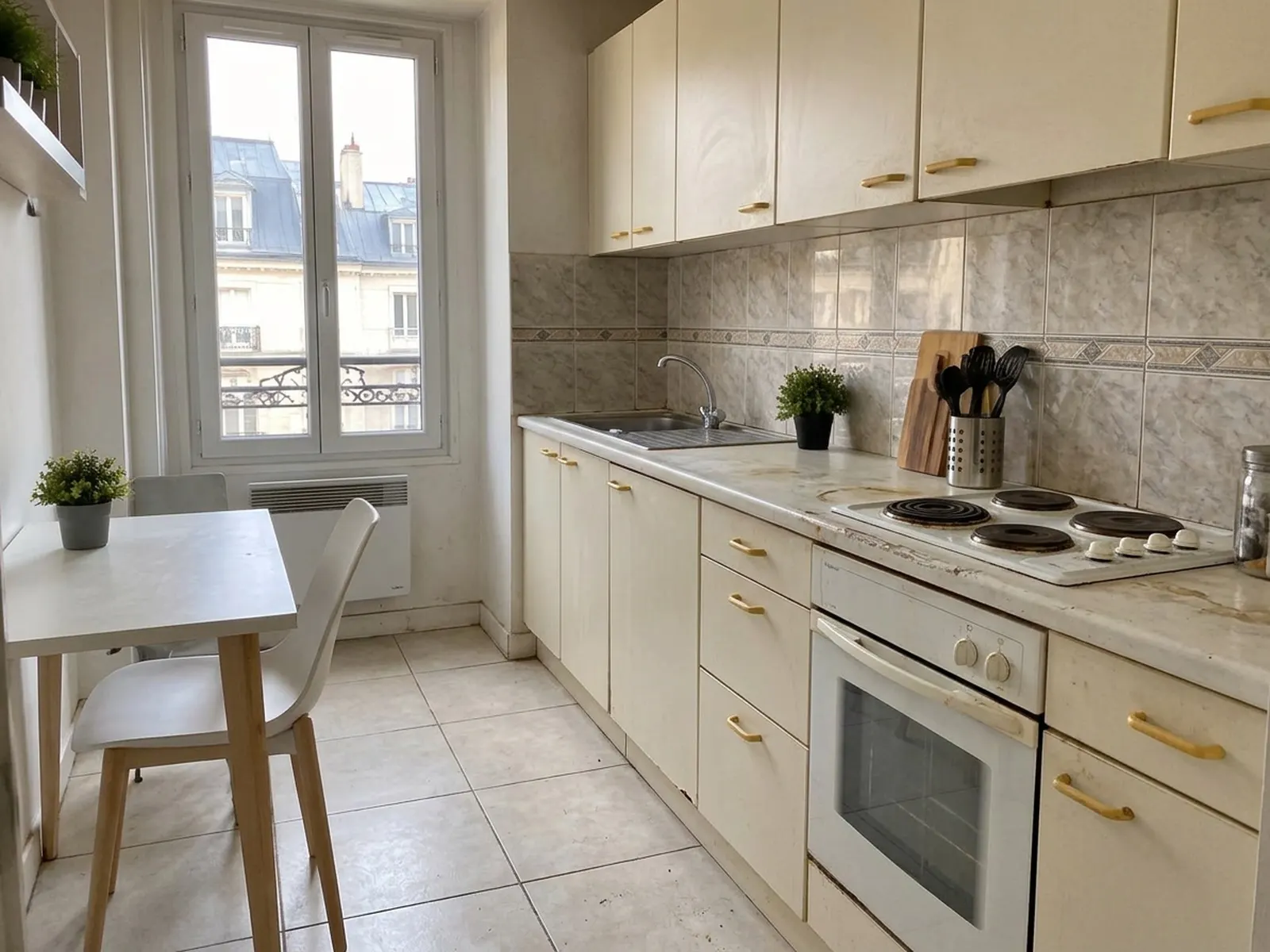 Petite cuisine datée : faïence marbrée, meubles crème et vieilles plaques électriques