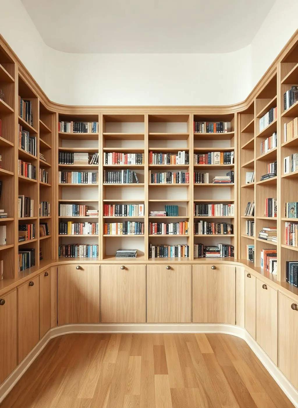 Bibliothèque en chêne clair, du sol au plafond, sur trois murs (visuel d'illustration)
