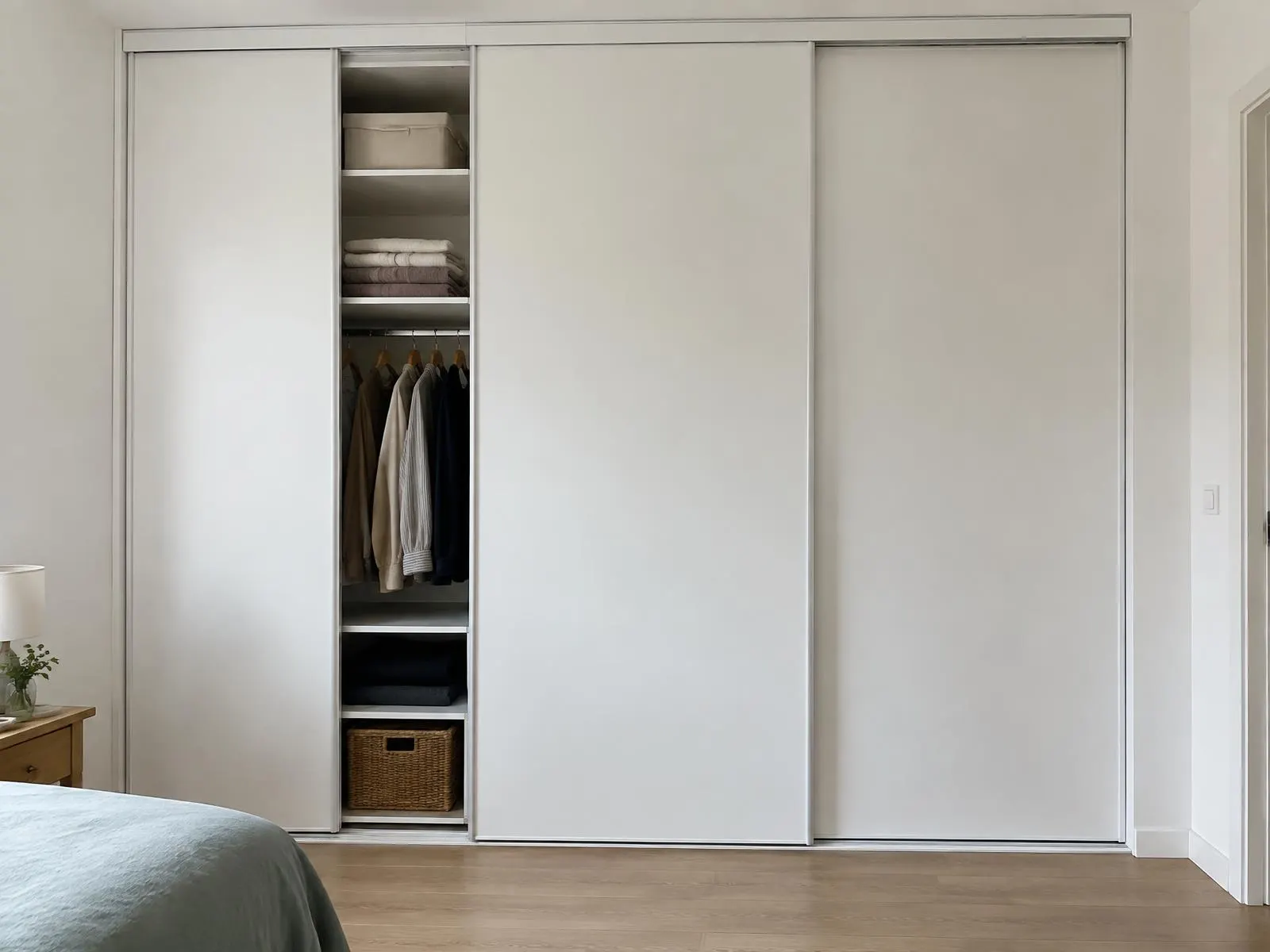 Placard à portes coulissantes blanches posé sur tout le mur d'une chambre (visuel d'illustration)