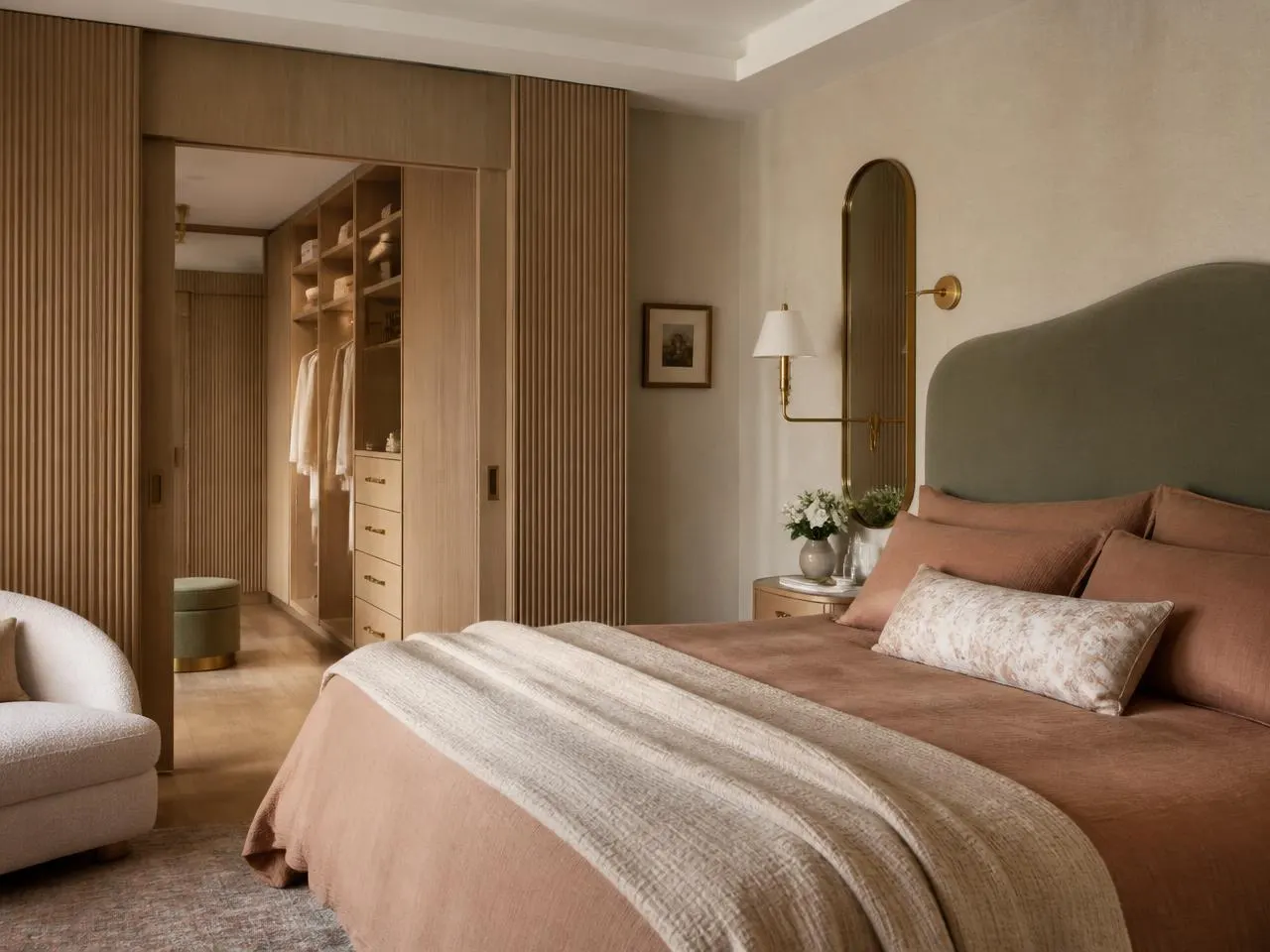 Chambre avec dressing en chêne éclairé derrière la tête de lit (visuel d'illustration)