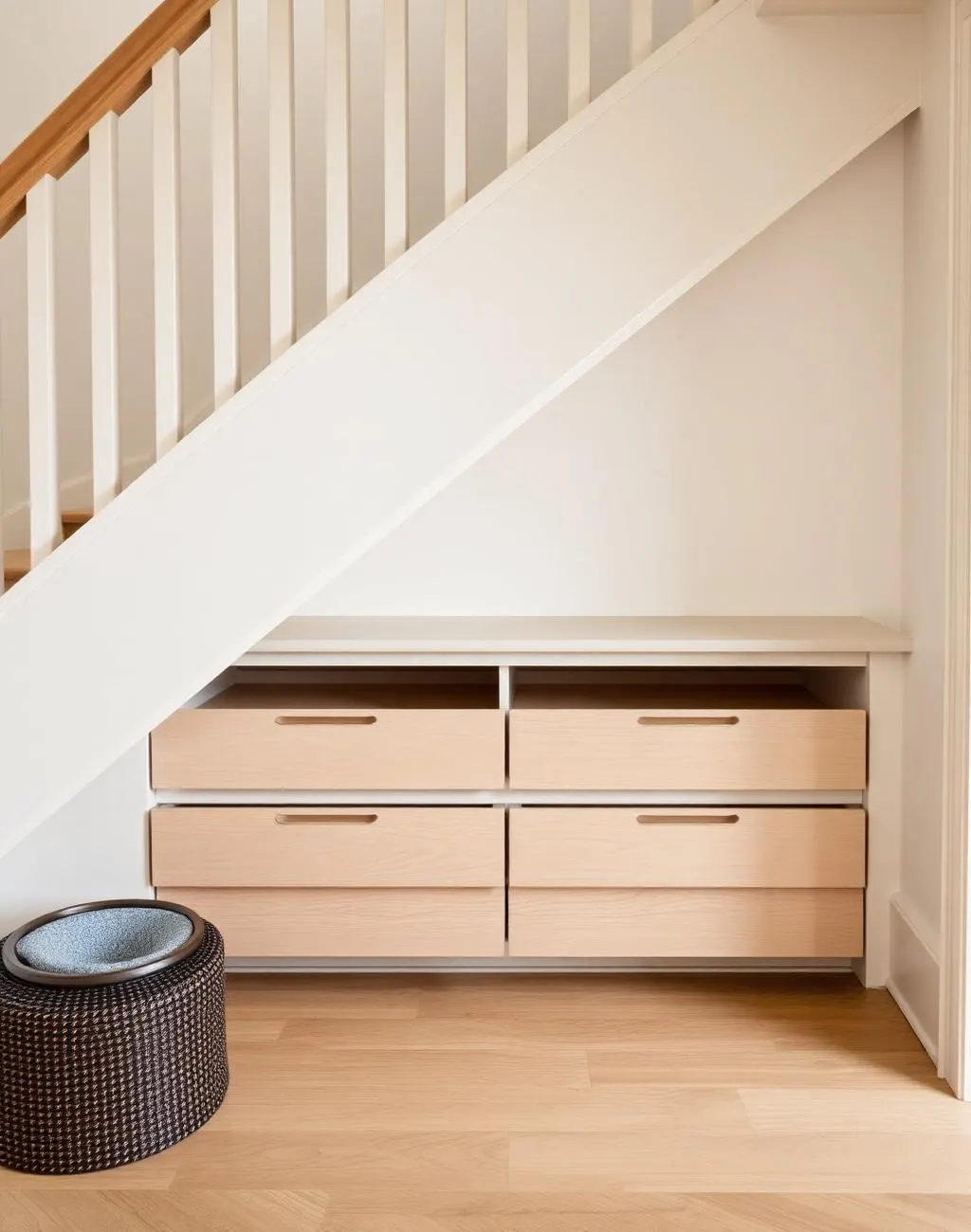 Rangement sous un escalier : quatre tiroirs en chêne clair (visuel d'illustration)