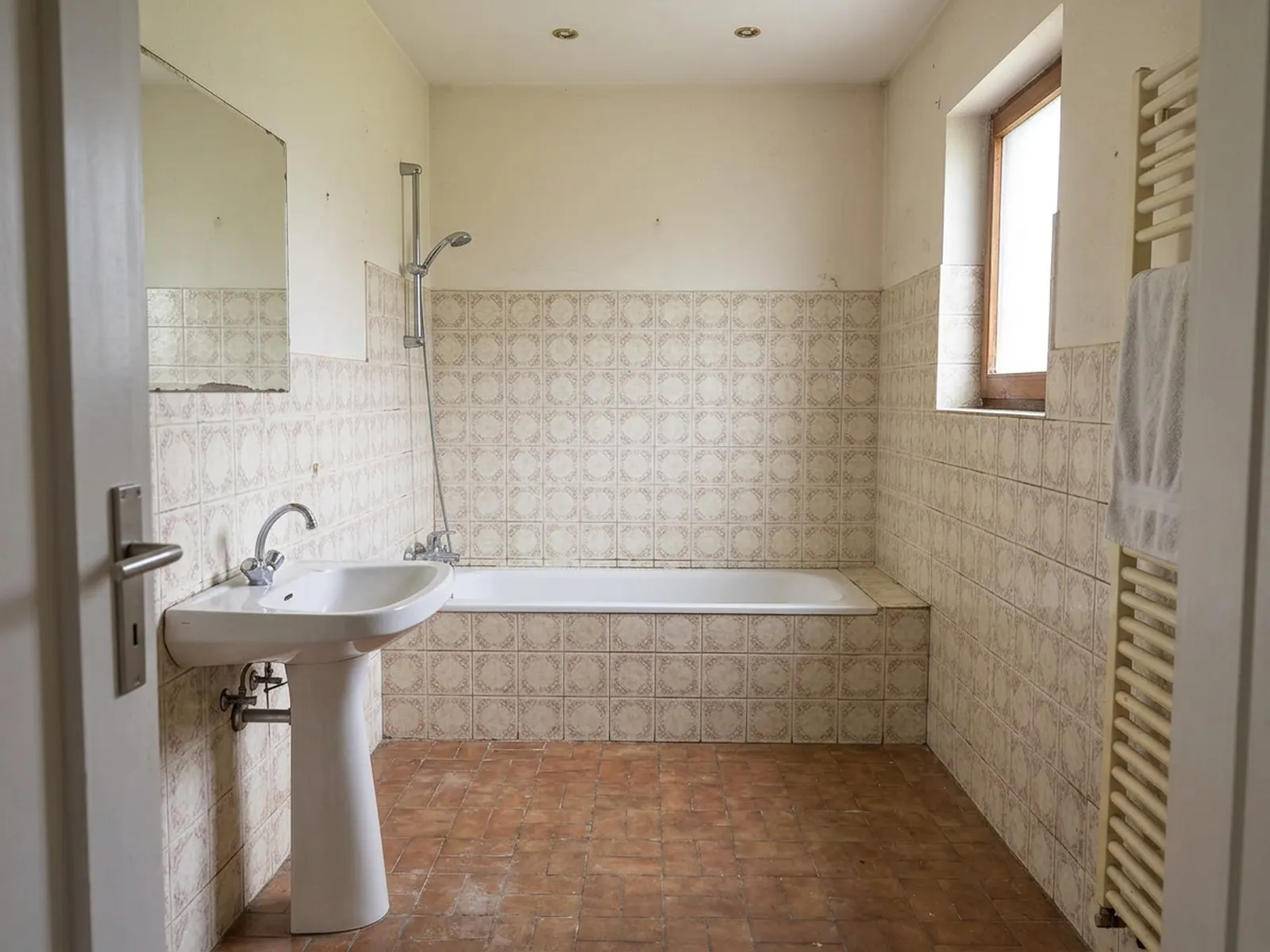 Ancienne salle de bains en carreaux beiges, baignoire au fond et lavabo sur colonne
