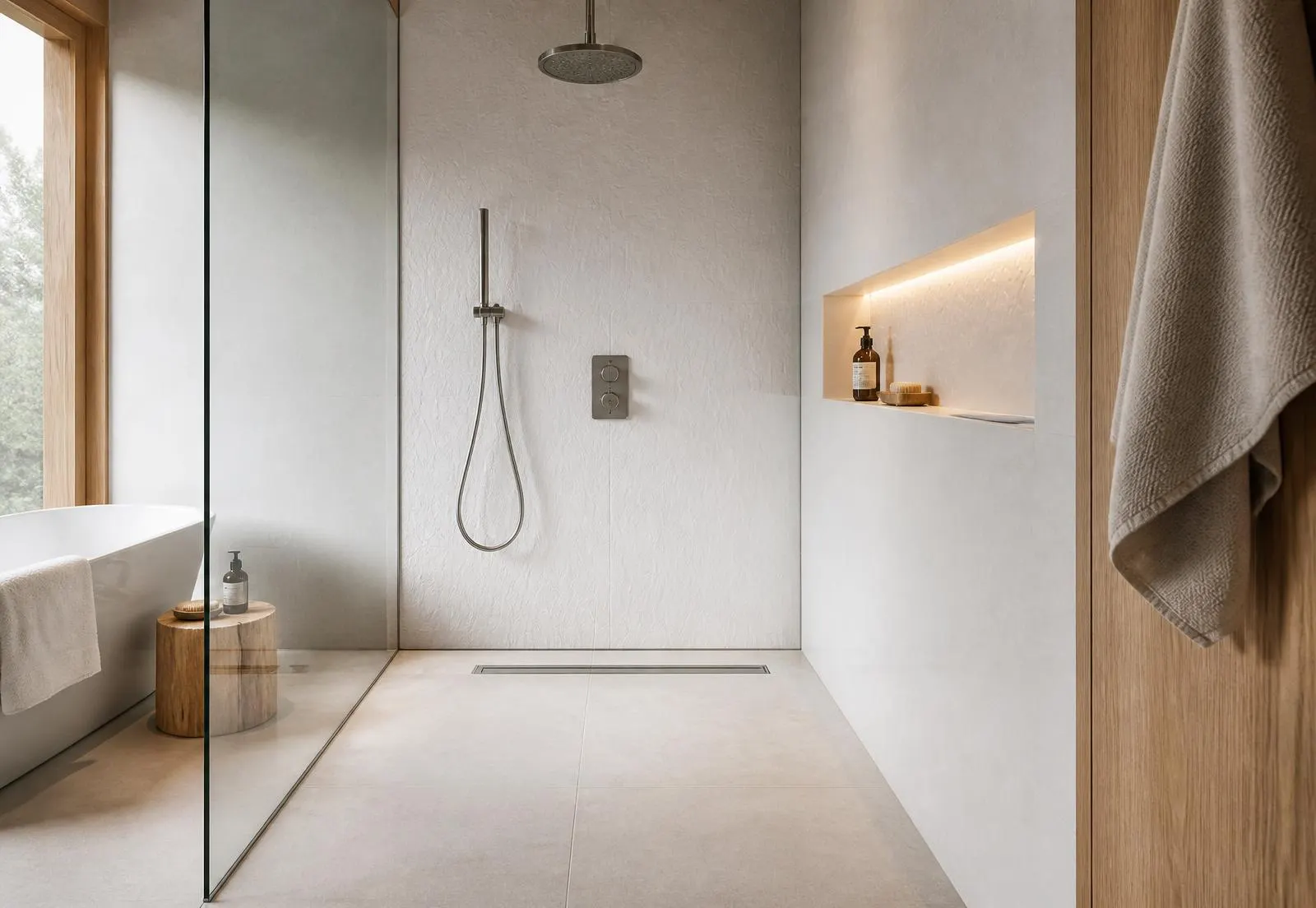 Douche à l'italienne finie : caniveau inox, niche éclairée (visuel d'illustration)