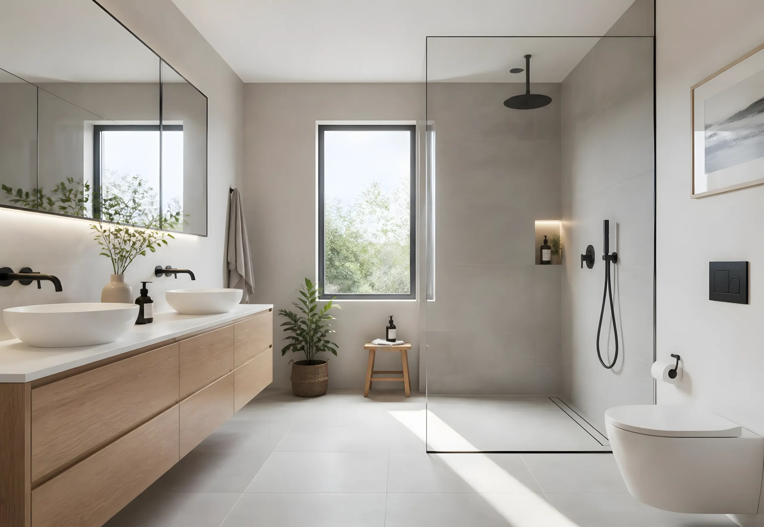 Salle de bains lumineuse : double vasque sur meuble en bois, douche vitrée et grande fenêtre (visuel d'illustration)