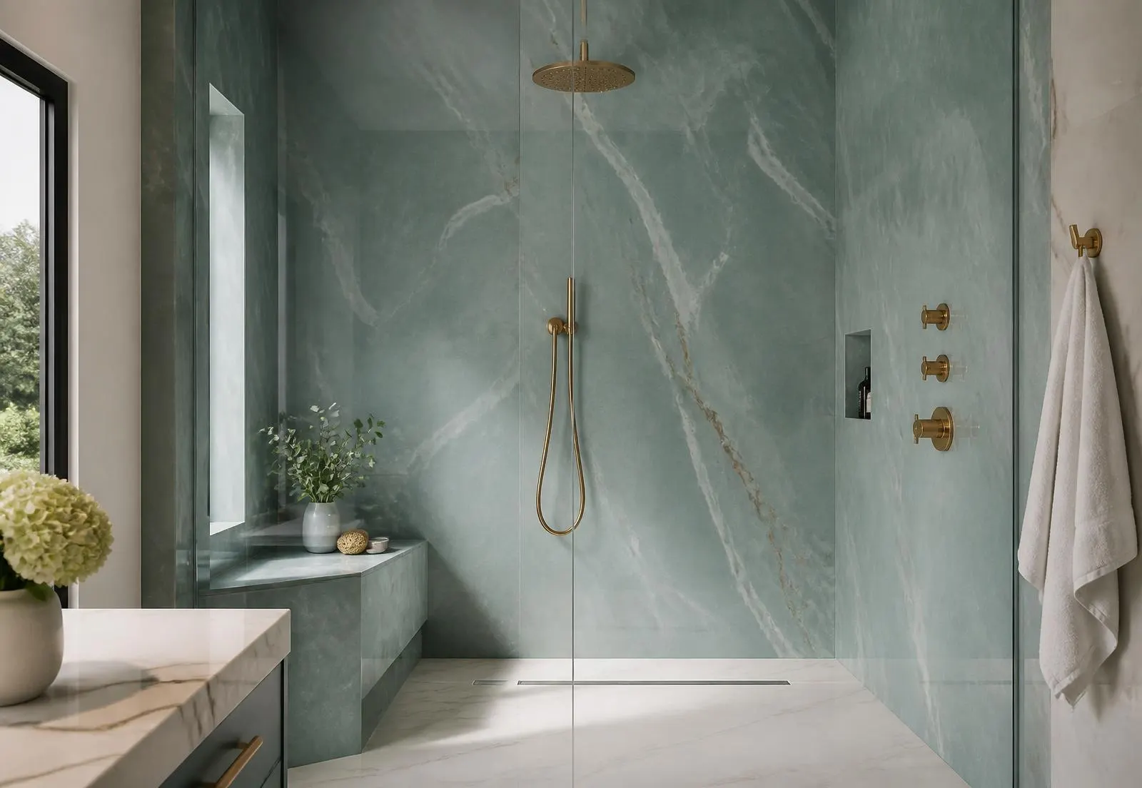 Douche à l'italienne en dalles effet marbre vert, robinetterie laiton (visuel d'illustration)