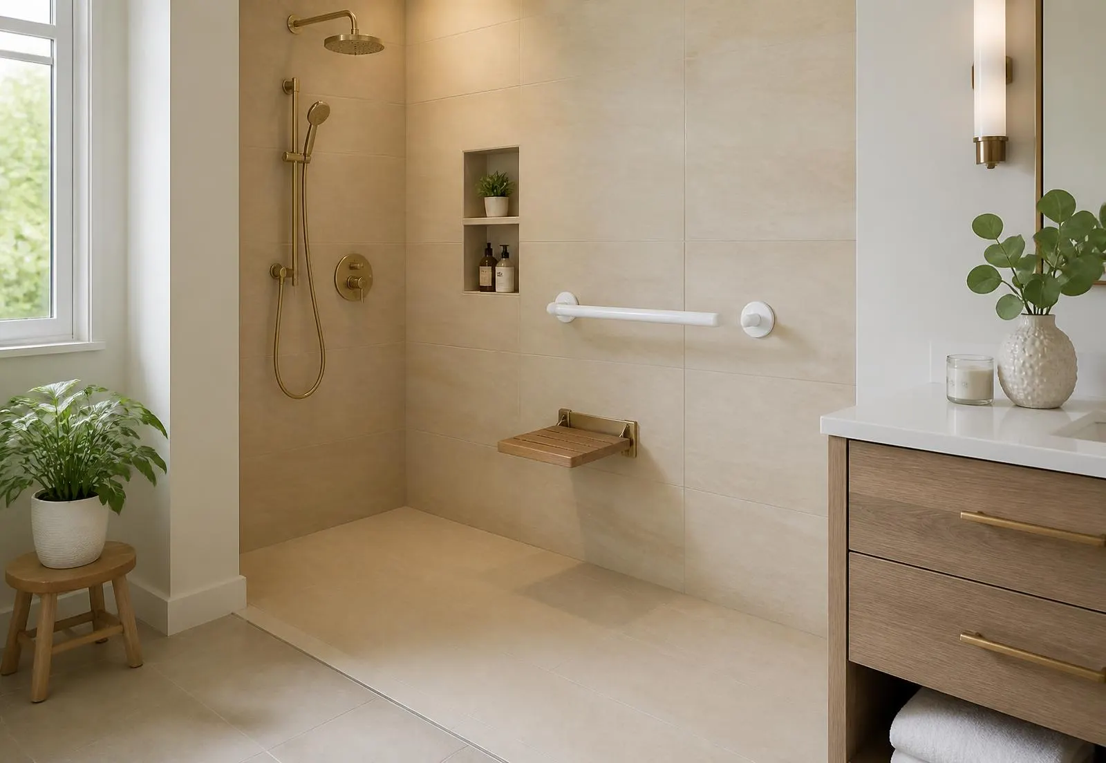 Douche de plain-pied avec barre d'appui blanche et siège rabattable en bois au mur (visuel d'illustration)