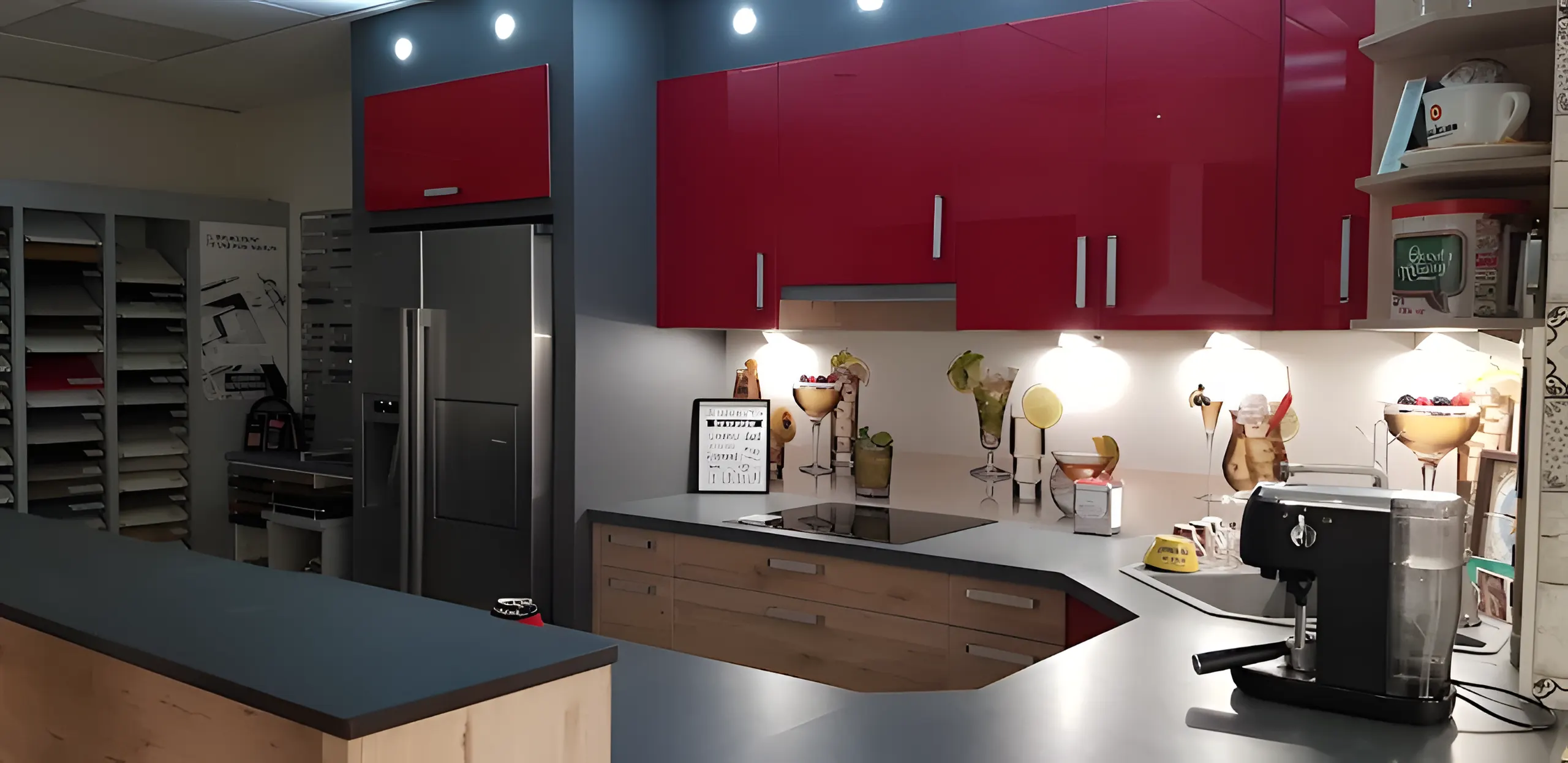 Plan de travail gris et crédence décorée de la cuisine rouge du showroom, éclairage sous les meubles hauts