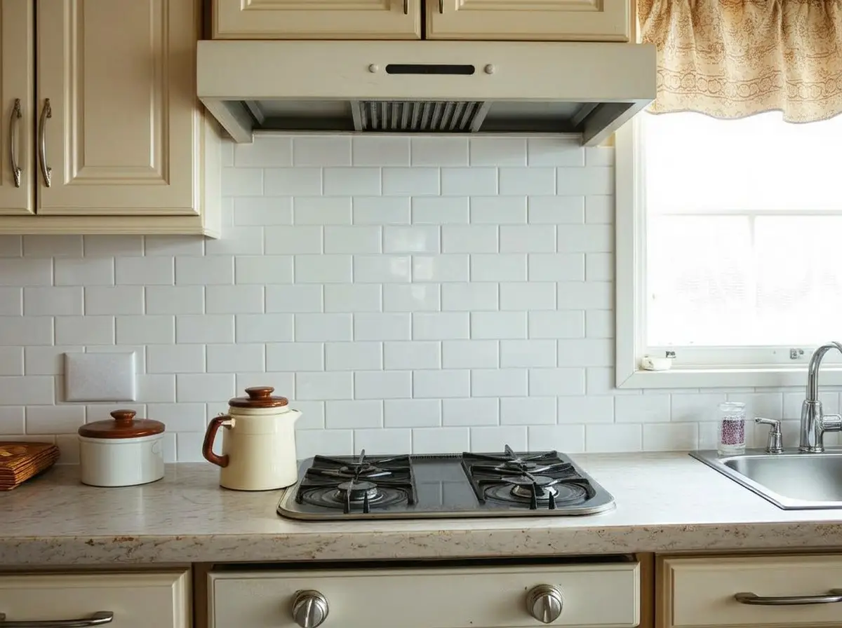 La même cuisine, crédence refaite en carreaux blancs entre le plan, la plaque gaz et la hotte crème