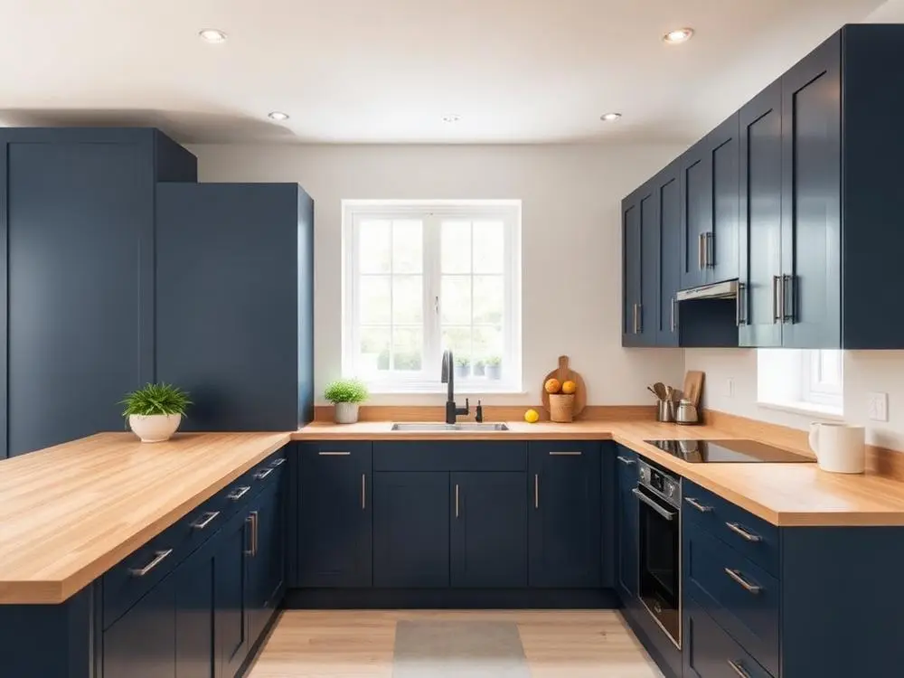 Cuisine en U aux portes bleu nuit, plan en bois massif, évier sous une fenêtre à petits carreaux