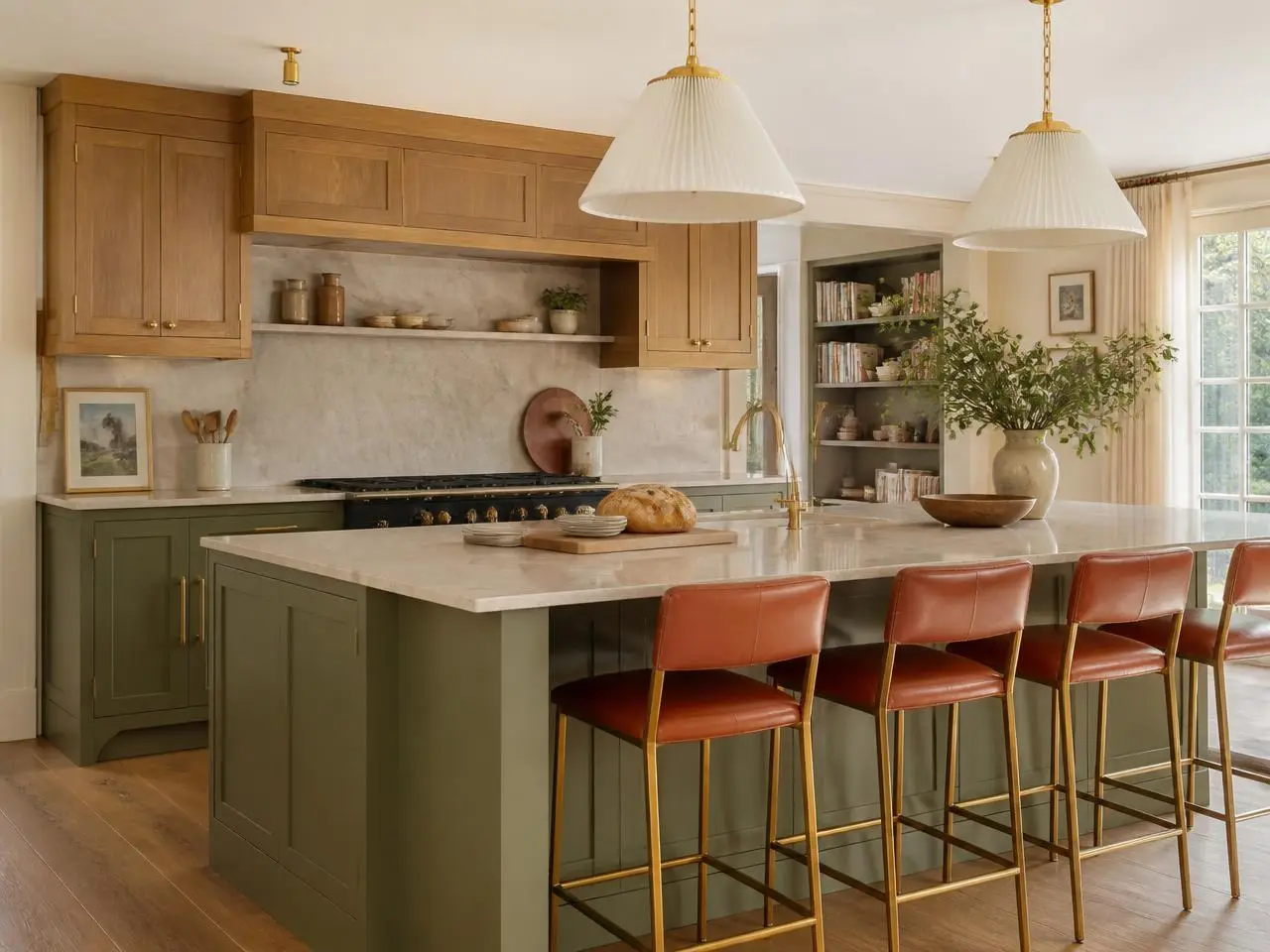 La même cuisine posée : îlot vert sauge, meubles hauts en chêne, grande cuisinière noire, tabourets en cuir fauve