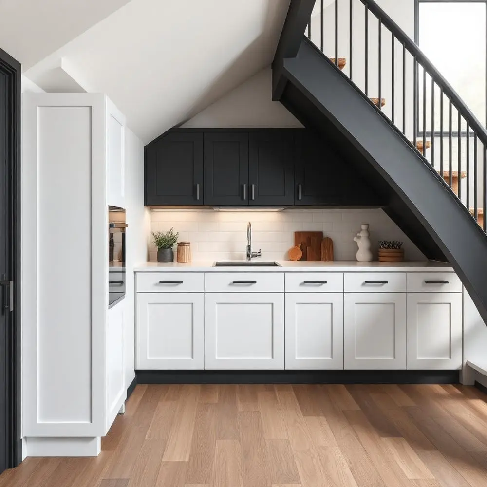 Cuisine blanche logée sous un escalier noir : meubles hauts noirs taillés en biais, crédence en carreaux