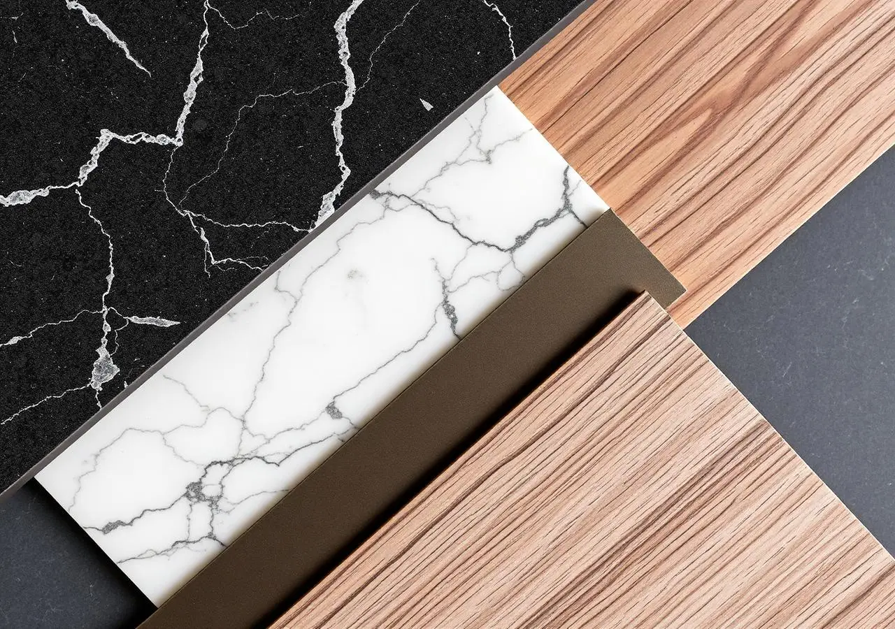 Échantillons posés en biais sur fond anthracite : plan noir veiné, plaque blanche veinée, métal bronze et bois